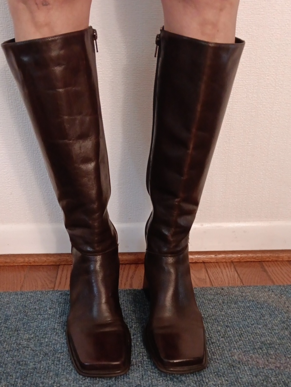Vintage 90s Brown Leather Knee-High Boots Square Toe 2.5" Block Heel Size 7